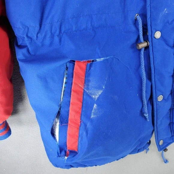 FLAWS** Vintage 90s Buffalo Bills NFL Jacket XL Parka Triple FAT‎ Goose Blue Red